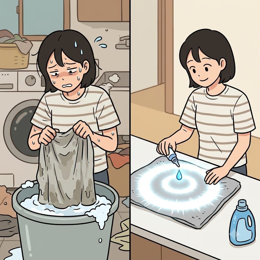"물에 불리지(bleach) 않아도 돼!" 옷을 물에 불리지 않고도, 강력한 액체는 수건을 순식간에 하얗게 표백했다(bleach).