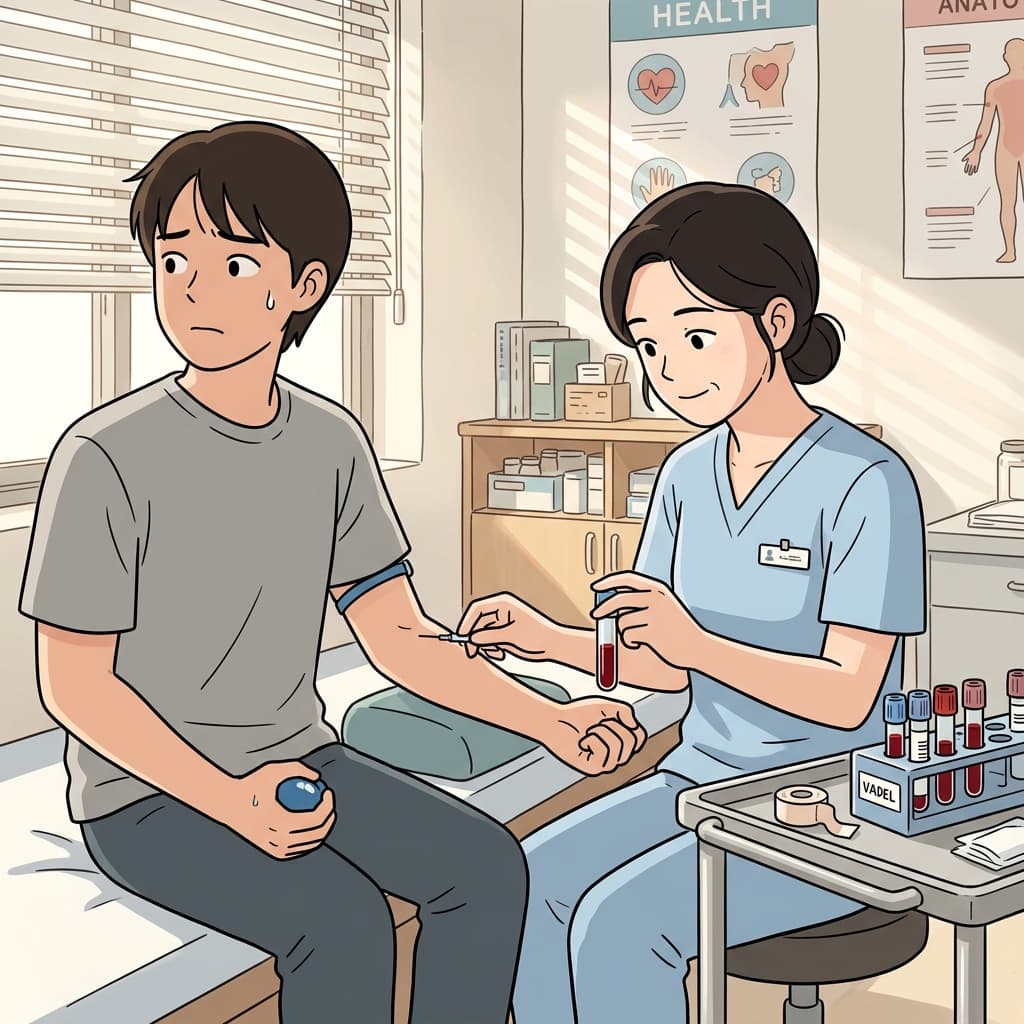 간호사가 환자 팔에서 조심스럽게 피를 뽑고 있다.