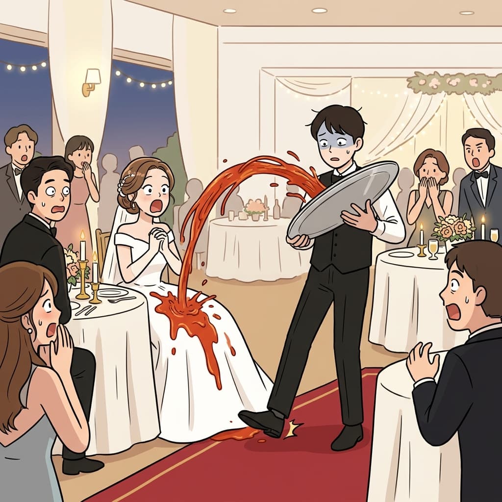 웨이터의 큰 실수로 스파게티가 신부 드레스에 쏟아졌다.