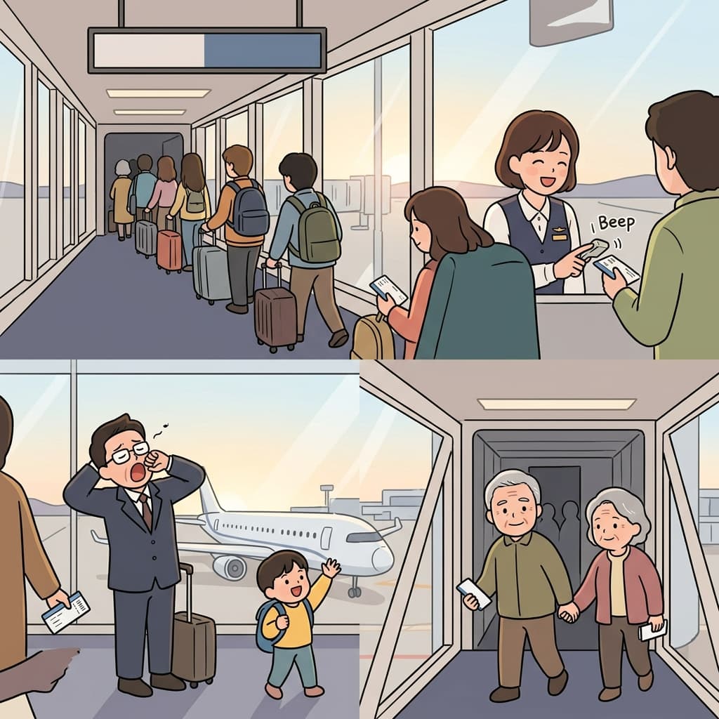 이른 아침, 사람들이 파리행 비행기에 탑승하고 있다.