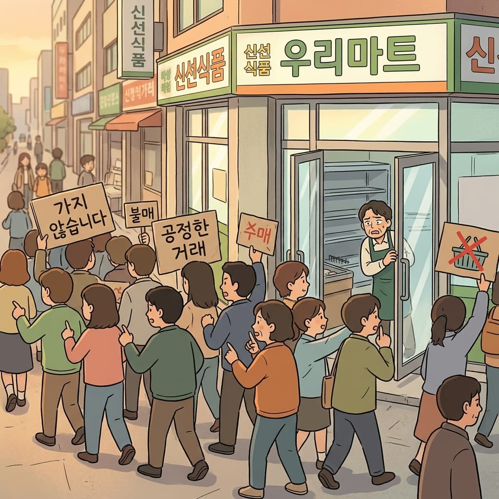 사람들이 불공정한 가게 앞에서 불매 시위를 벌이고 있다.