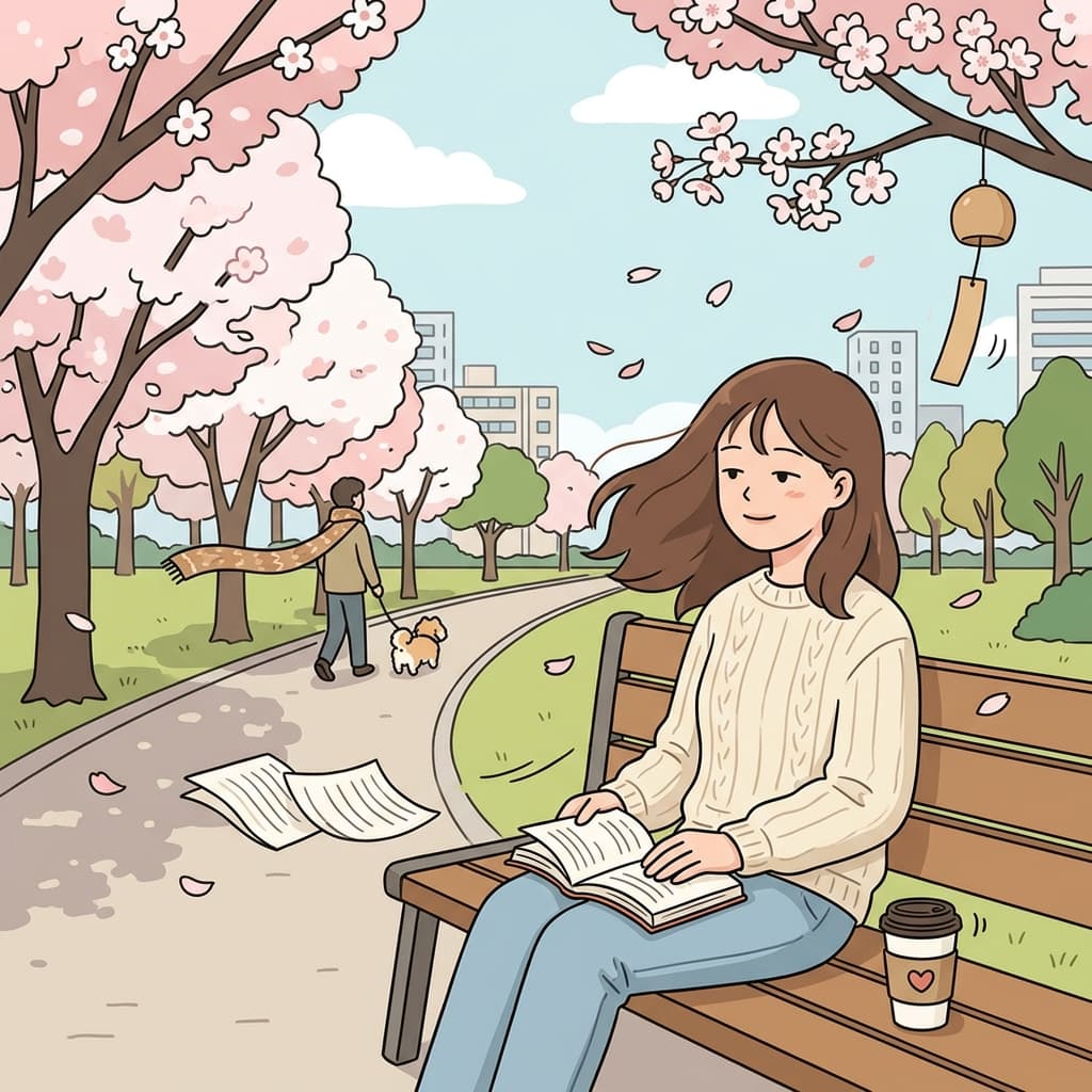 공원 벤치에서 책을 읽는데 산들바람이 머리카락을 살랑 흔든다.