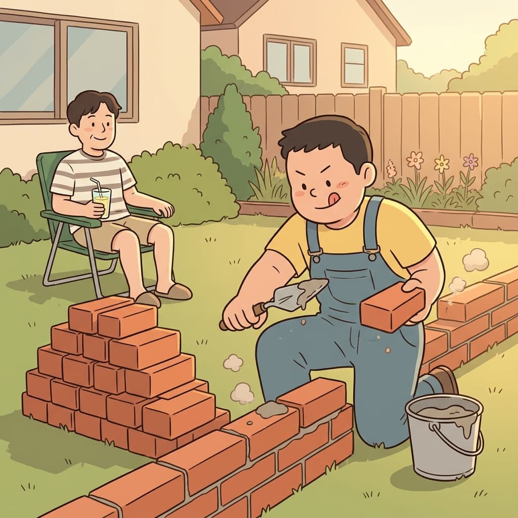 벽돌공이 정원 담장을 하나씩 차곡차곡 쌓아 올린다.