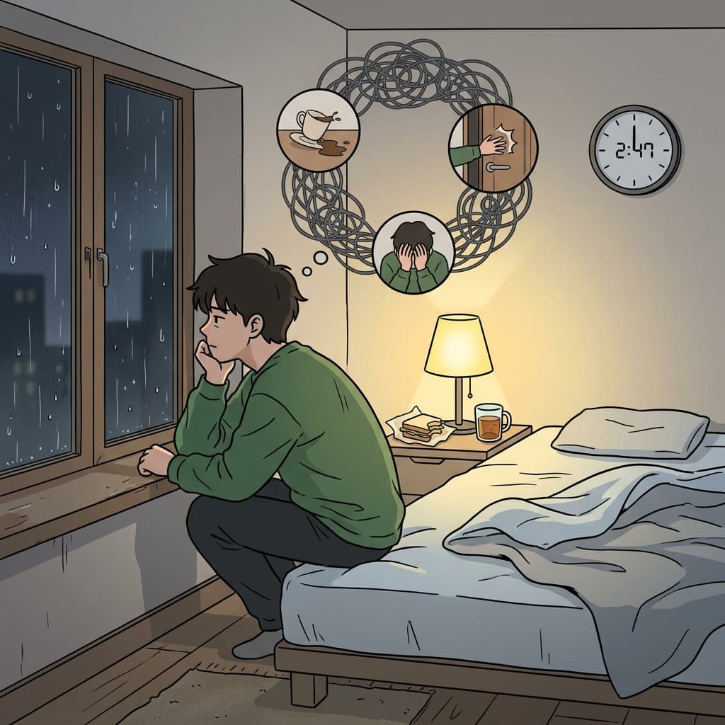 그는 자정에 창가에 앉아 자기 실수를 계속 곱씹었다.