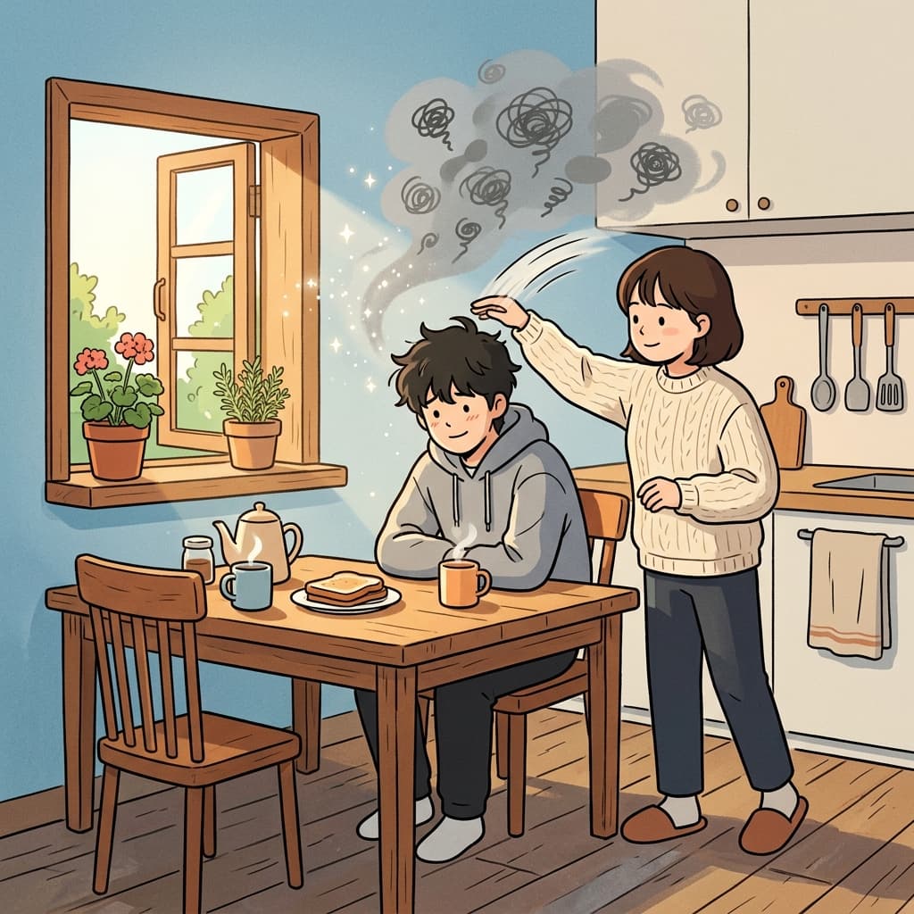 그녀는 따뜻한 미소로 그의 걱정을 툭툭 털어주었다.