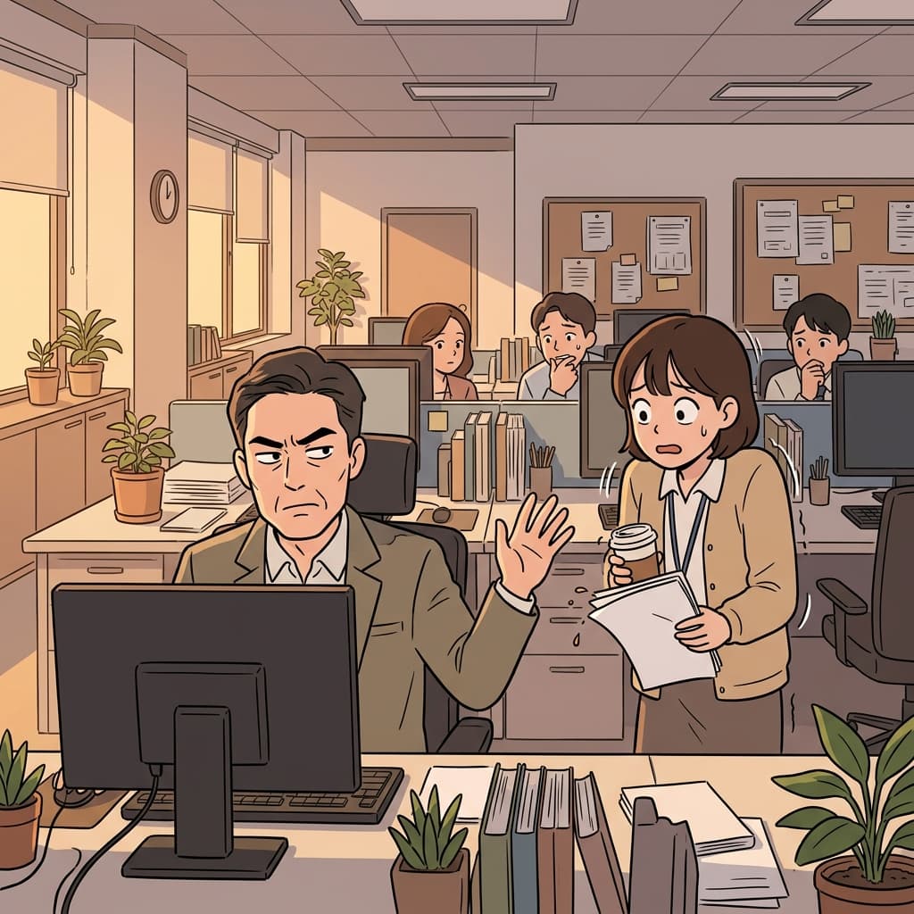 그의 퉁명스러운 한마디에 신입은 그대로 굳어버렸다.