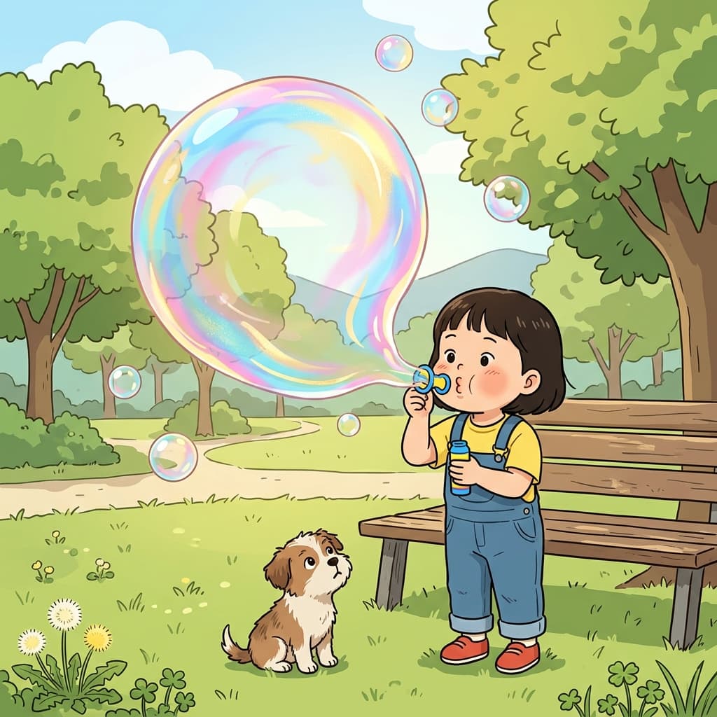 아이가 비눗방울을 불자 커다란 방울이 공원 위로 떠올랐다.
