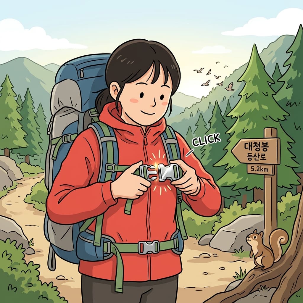 긴 등산 전에 배낭 버클을 꽉 조인다.