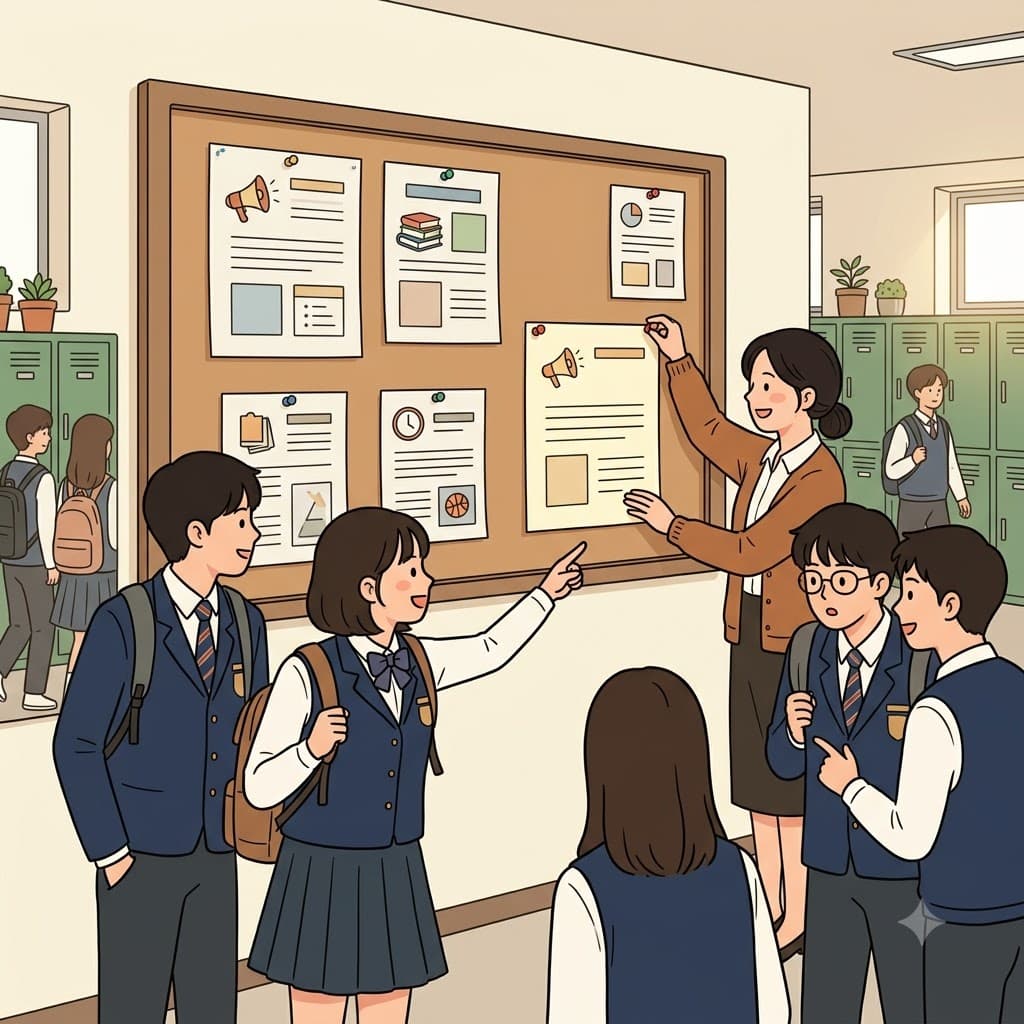 학교는 모두가 볼 수 있도록 금요일 일정 변경을 게시판(bulletin board)에 붙였다.