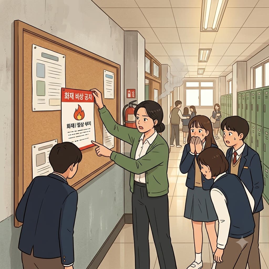 “불! 이 틴!” 화재 공지를 모두가 볼 수 있도록 게시판(bulletin board)에 붙였다. (불! 이 틴! 보드!”→ 화재 소식을 적은 공지를 게시판에 붙여 모두에게 알린다.)