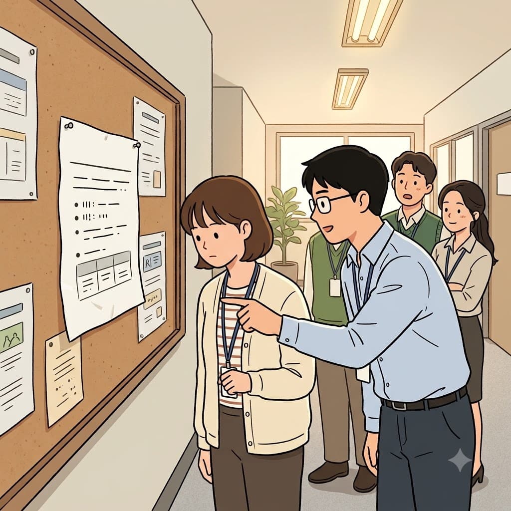 게시판의 공지(bulletin)는 모두에게 일정 변경을 알렸다(notice).