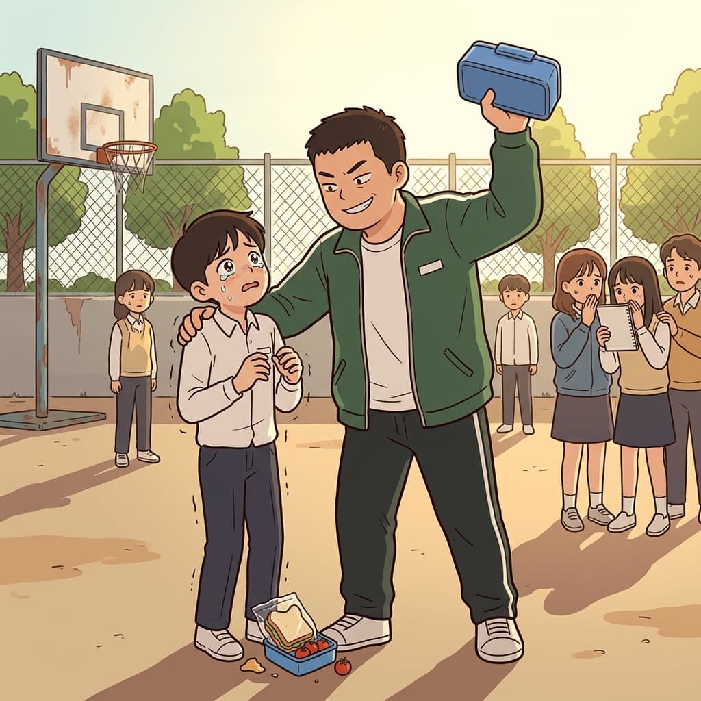 덩치 큰 애가 운동장에서 작은 아이 도시락을 빼앗는다.