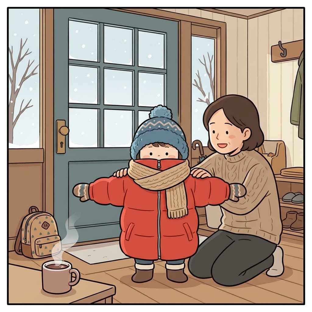 엄마가 아이를 두꺼운 목도리로 꽁꽁 싸매준다.