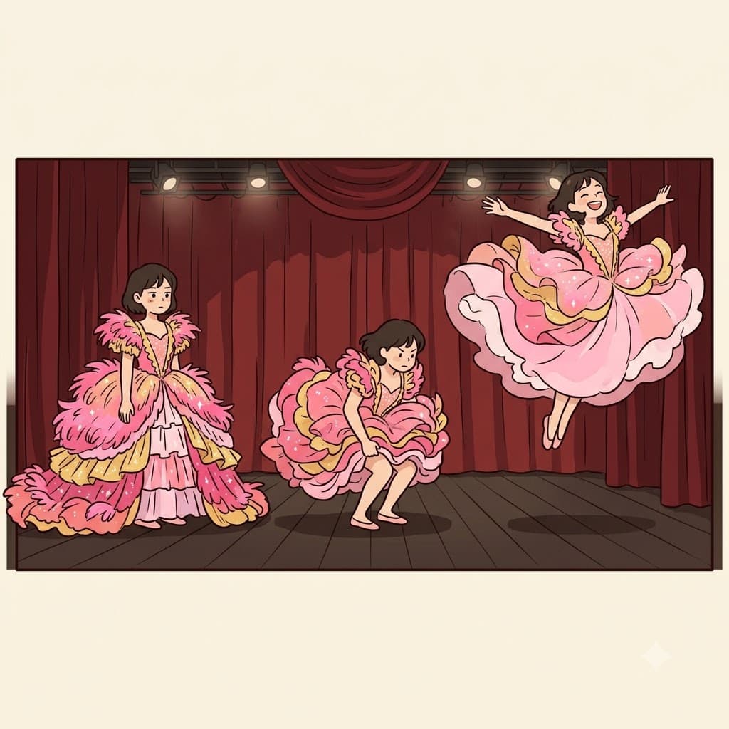 매우 화려한(flamboyant) 의상을 입고, 댄서는 완벽하게 가볍게 떠오르는(buoyant) 에너지로 공연을 펼쳤다.