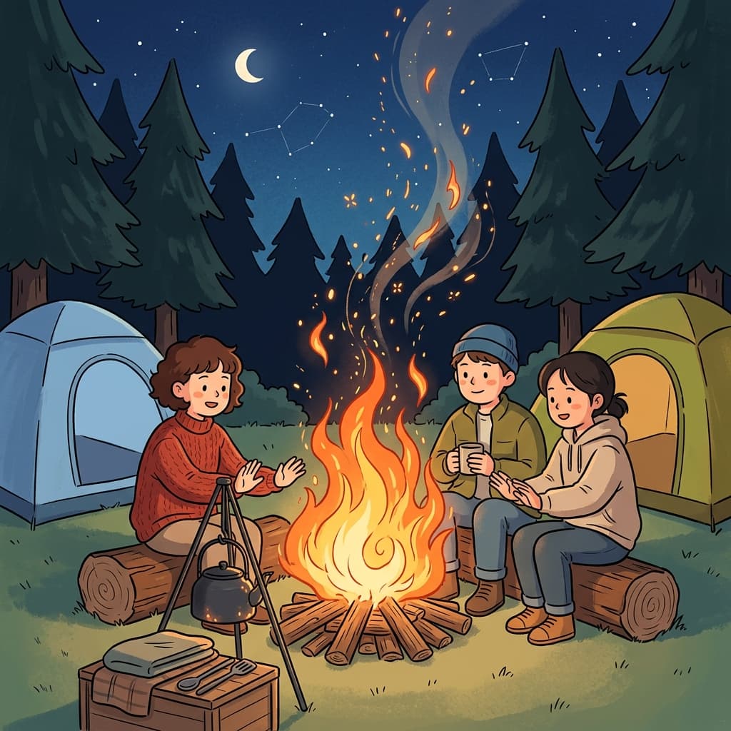 캠핑객들이 추운 산속 밤에 장작이 활활 타오르는 걸 바라봤다.