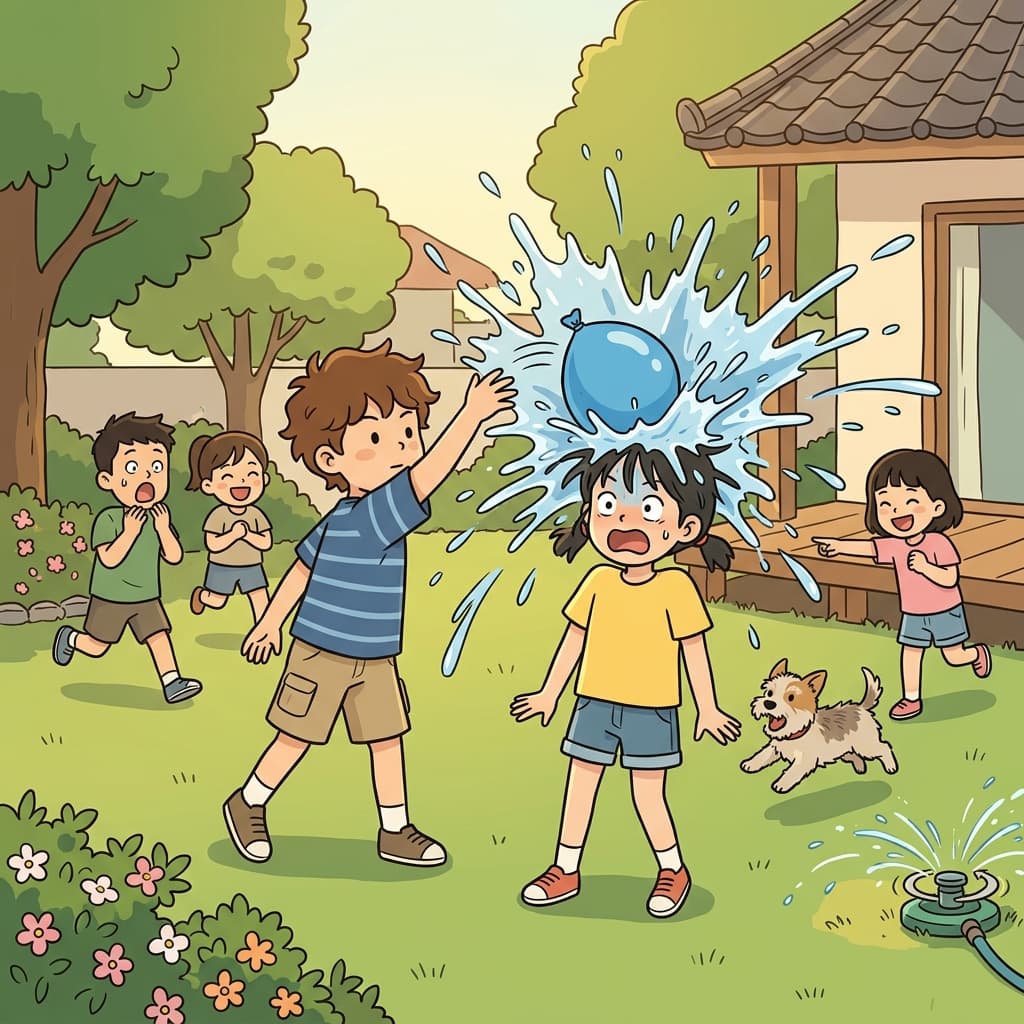 물풍선이 아이 머리에 닿자마자 펑 터졌다.