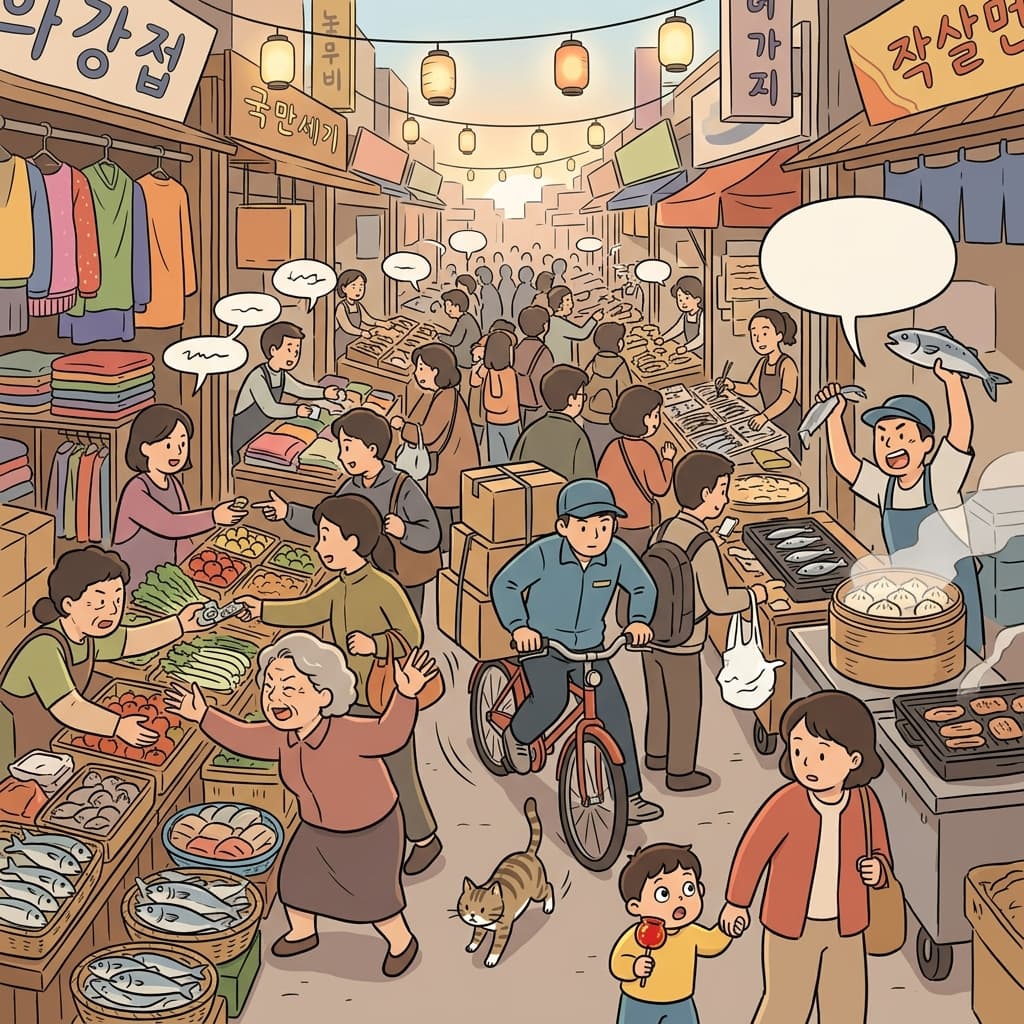 아침 시장이 사람들로 북적거려서 발 디딜 틈도 없다.