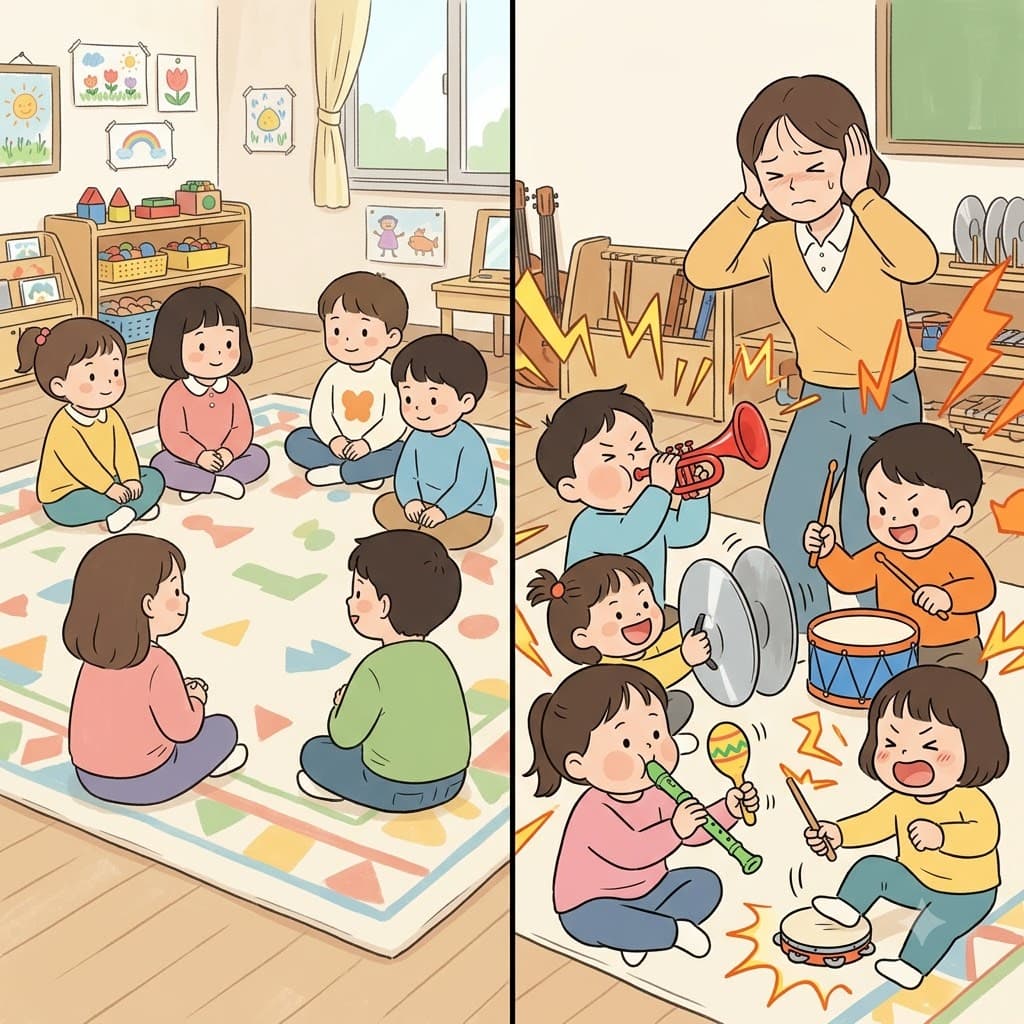 훈련받지 않은 아이들에게 악기를 쥐여주자, 조용했던 교실은 순식간에 고통스러운 불협화음(cacophony)으로 변했다.