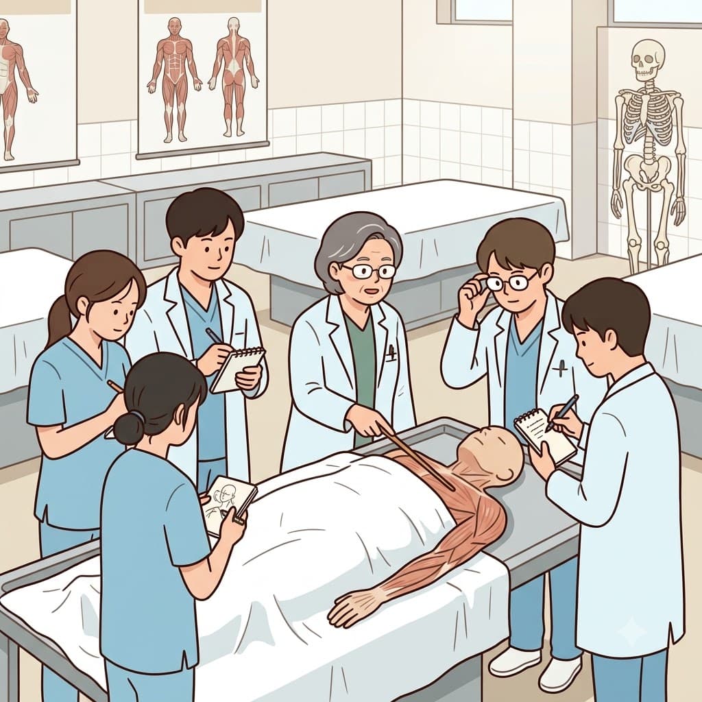 의대생들은 해부학 수업에서 시신(cadaver)을 조심스럽게 연구했다.