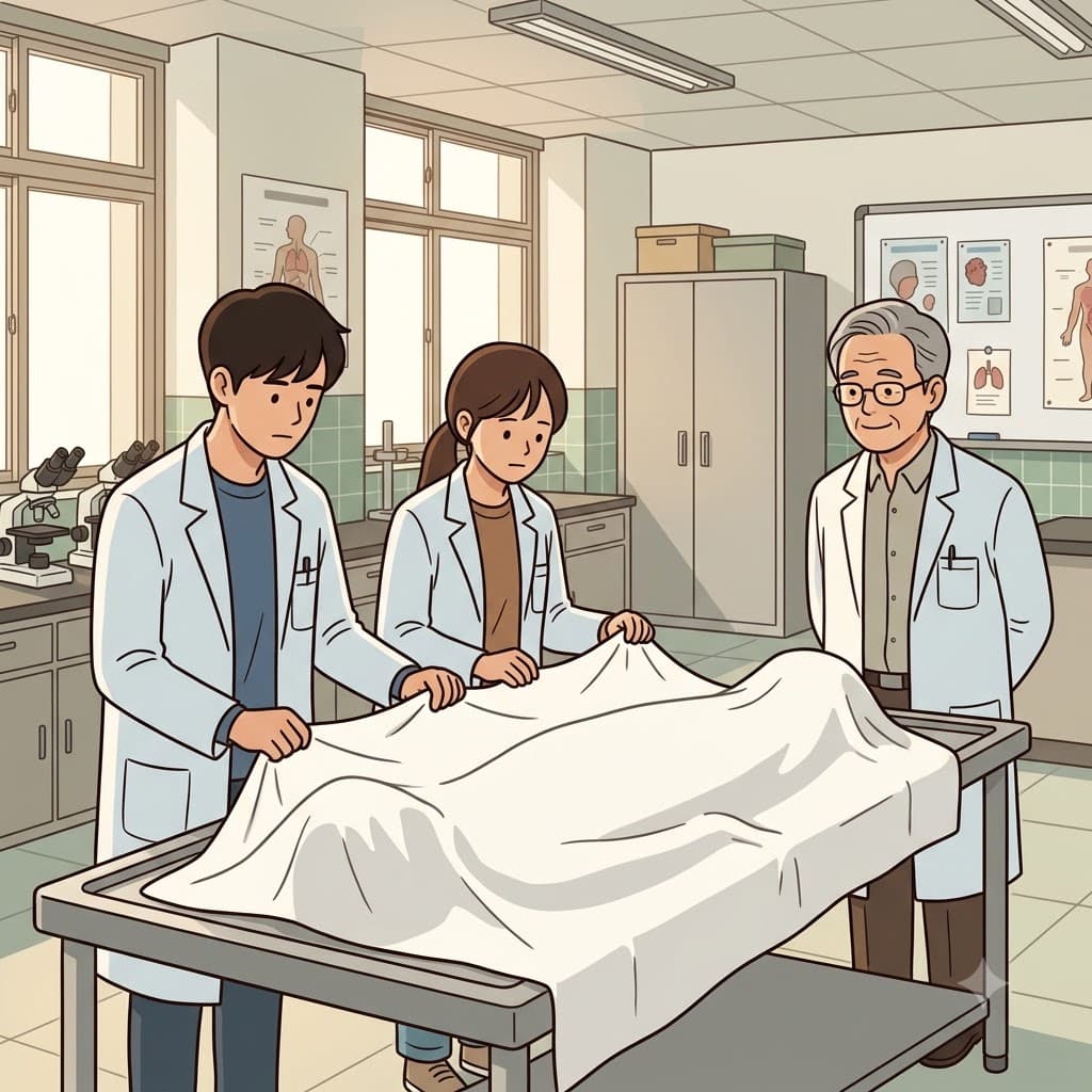 "Cover." the professor quietly said after the anatomy lesson, and the students respectfully covered the cadaver with a white sheet.