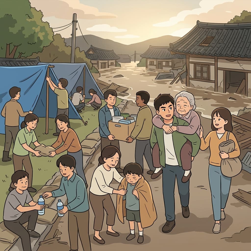 큰 재앙(calamity)이 닥치자 사람들은 "콜 아미티!(Call Amity!)"를 외치며 서로를 도우기 위해 모였다. (재난이 닥치면 친구(amity, 우정)를 불러(Call) 함께 극복한다.)