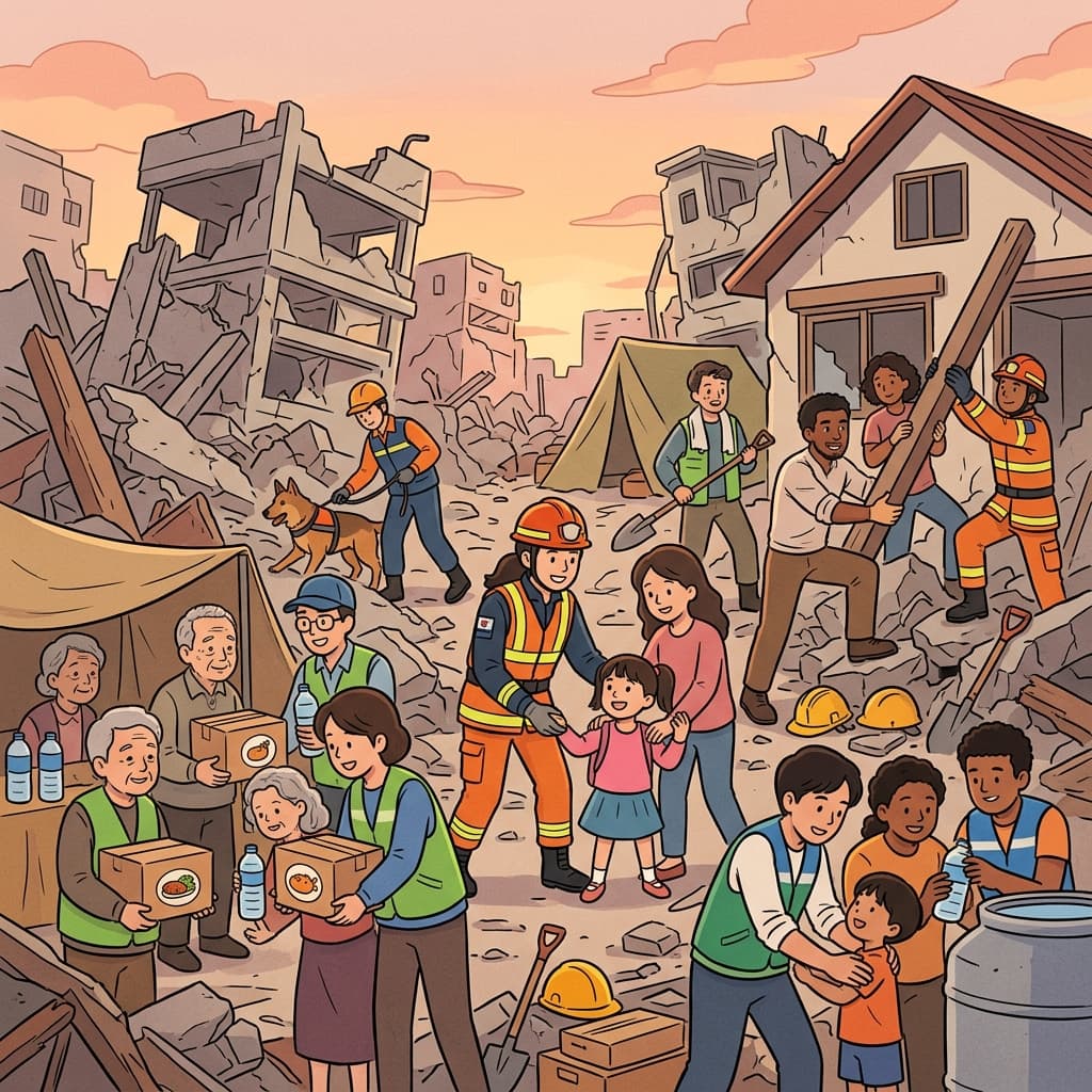 구조대장은 "Call Amity!"를 외쳤고, 사람들은 큰 재앙(calamity)을 함께 극복하기 위해 힘을 모았다.