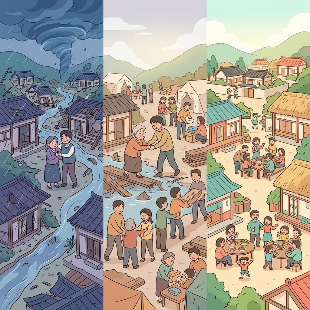 큰 재앙(calamity)은 사람들(humanity)을 하나로(unity) 모아 마을을 다시 세우게 했다.