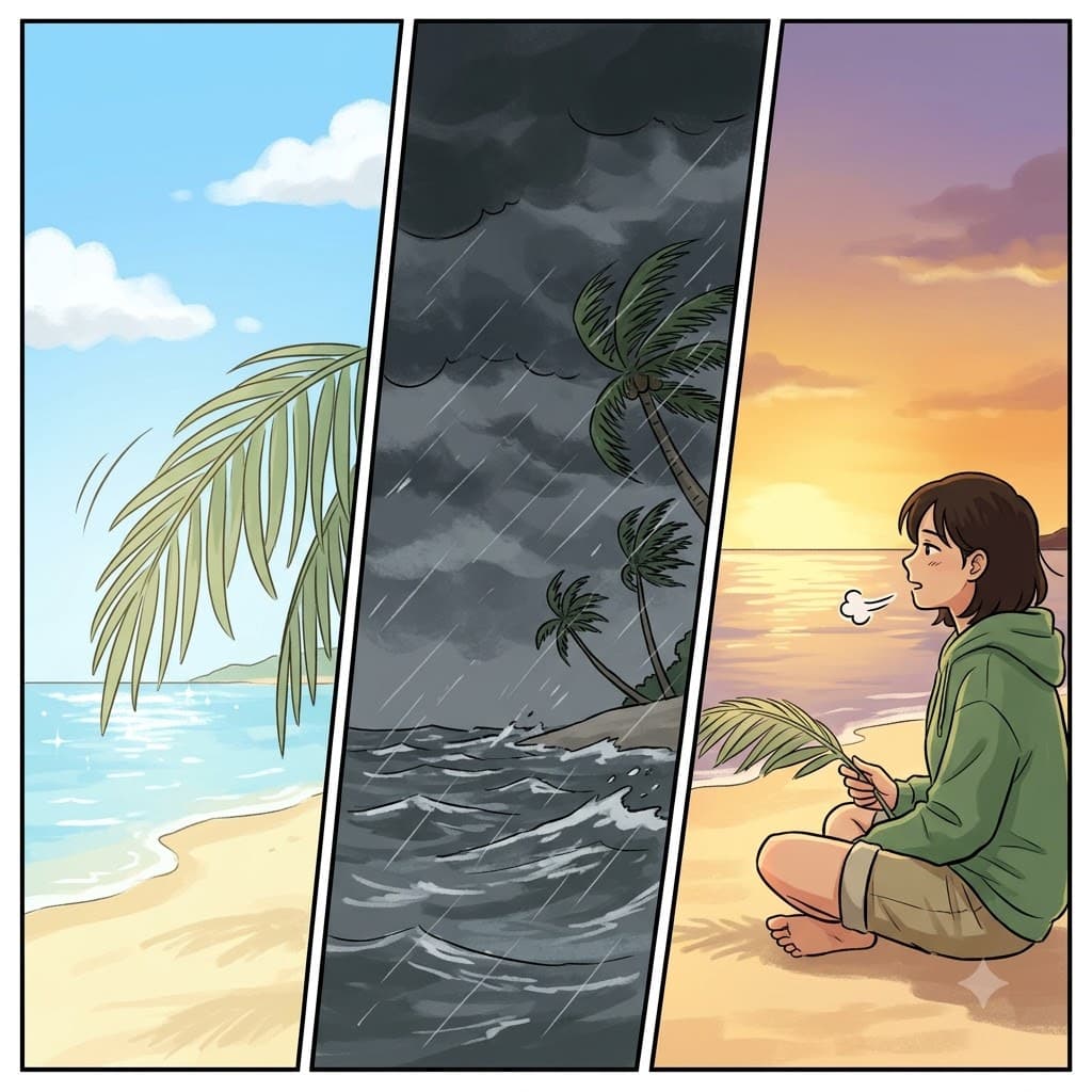 맹렬한 폭풍(storm)에서 살아남은 후 초록색 종려나무 잎(palm)을 손에 쥐며, 그녀는 마침내 안전하고 평온함을 느꼈다(calm).