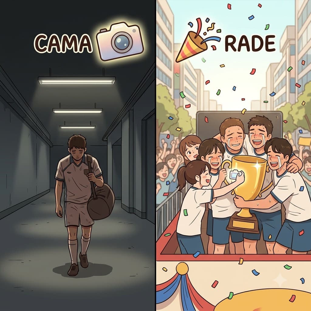 CAMA(카메라) + RADE(퍼레이드) — 승리의 퍼레이드(RADE)에서 카메라(CAMA)를 들고, 팀원들은 그들의 잊을 수 없는 동지애(camaraderie)를 담아냈다.