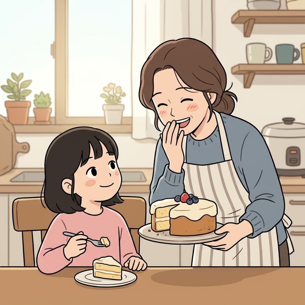 아이는 케이크에 설탕이 조금 더 필요하다고 솔직하게(candidly) 말했다. ("캔디드" → 캔디처럼 달콤한 말만 하지 않는다.)