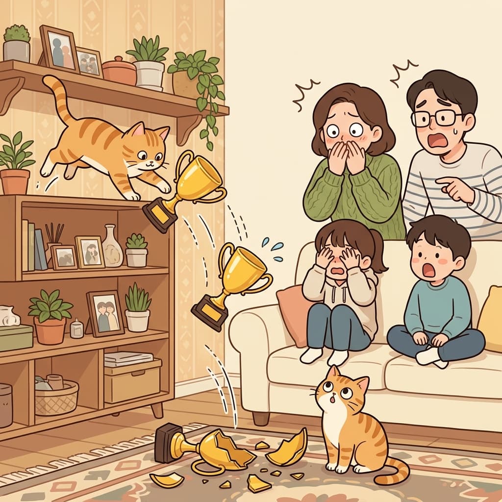 고양이가 떨어뜨린 트로피 때문에 집안은 재앙적인(catastrophic) 난리가 났다. (고양이(cat)가 트로피(trophy)를 떨어뜨린다.)