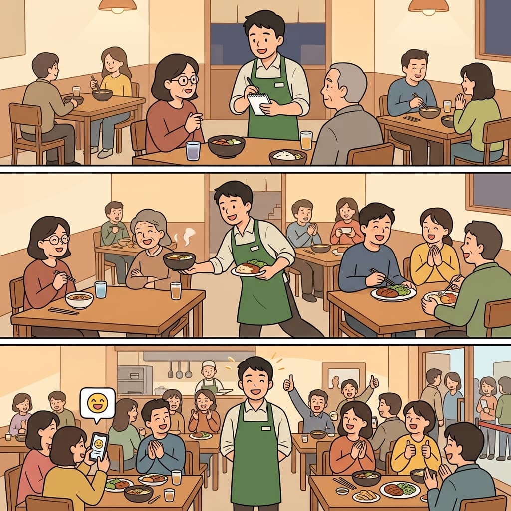 웨이터는 모든 손님의 요구를 세심하게 맞춰 주었고, 고객 만족은 더욱 커졌다.