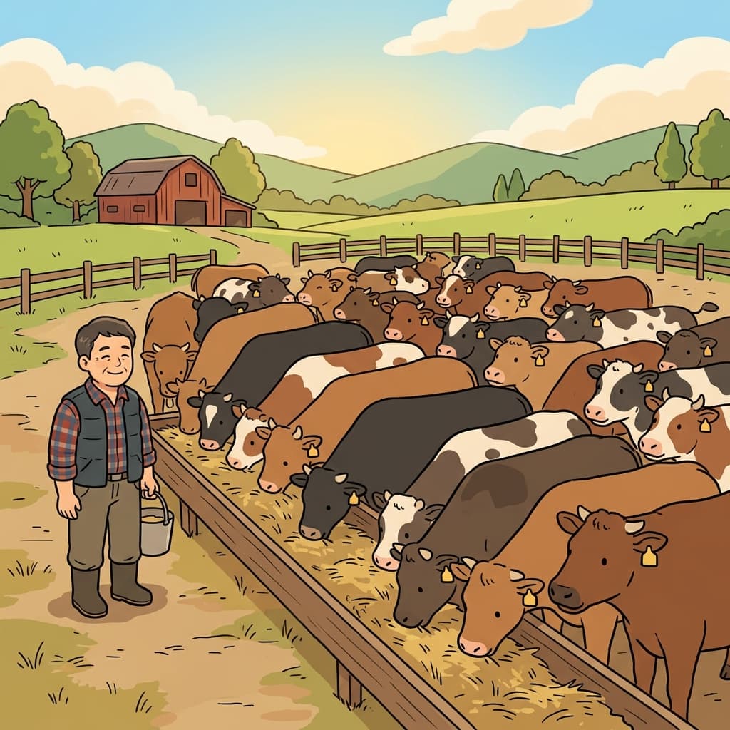소 떼는 매일 아침 먹이통 주변으로 모여들었다. ("카우(Cow) 떼!" → 소들이 무리를 이루는 것)