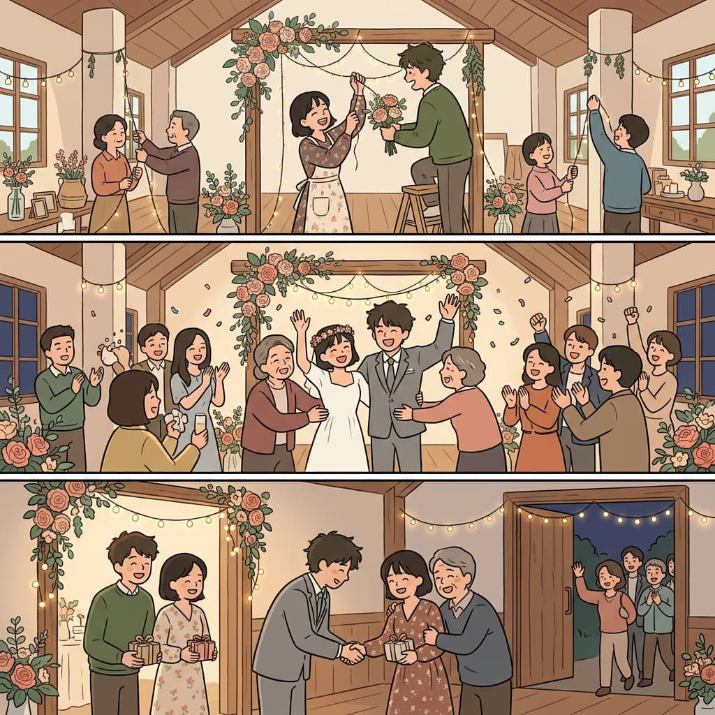 그들은 예식장을 꾸미고 결혼식을 축하했으며, 찾아와 준 모든 사람에게 감사했다.
