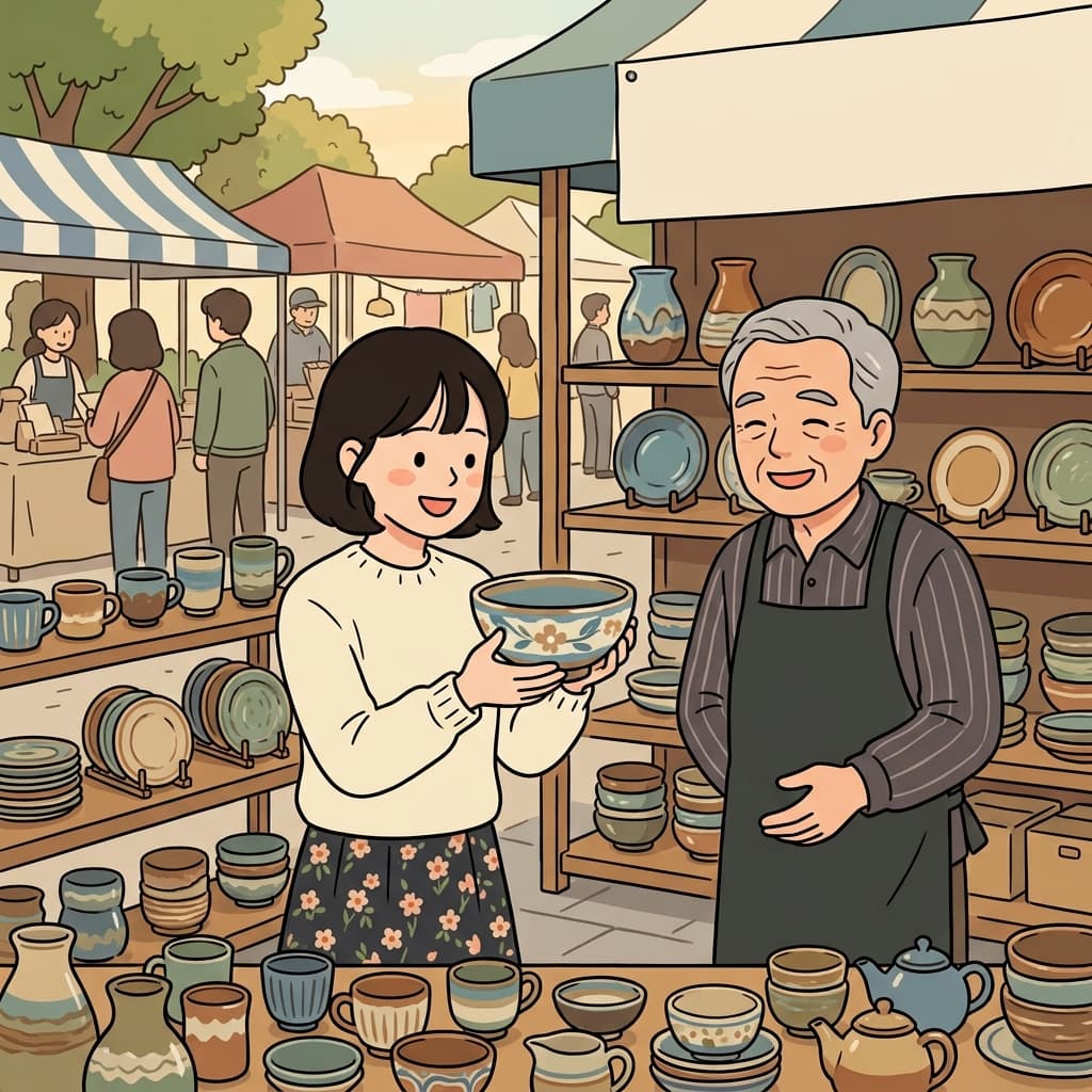 그녀는 도예 시장에서 아름다운 도자기 그릇을 감상했다. (우리가 흔히 부르는 세라믹 그릇)