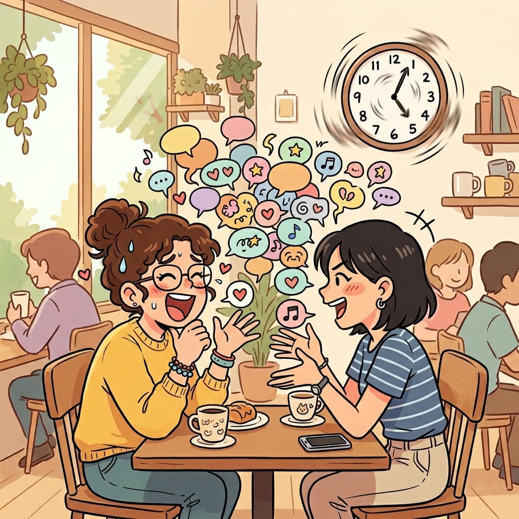 그들은 너무 수다를 떨어서 시간 가는 줄 몰랐다. (챗 → “챗! 챗! 짧게 계속 말 튀어나오는 느낌”)