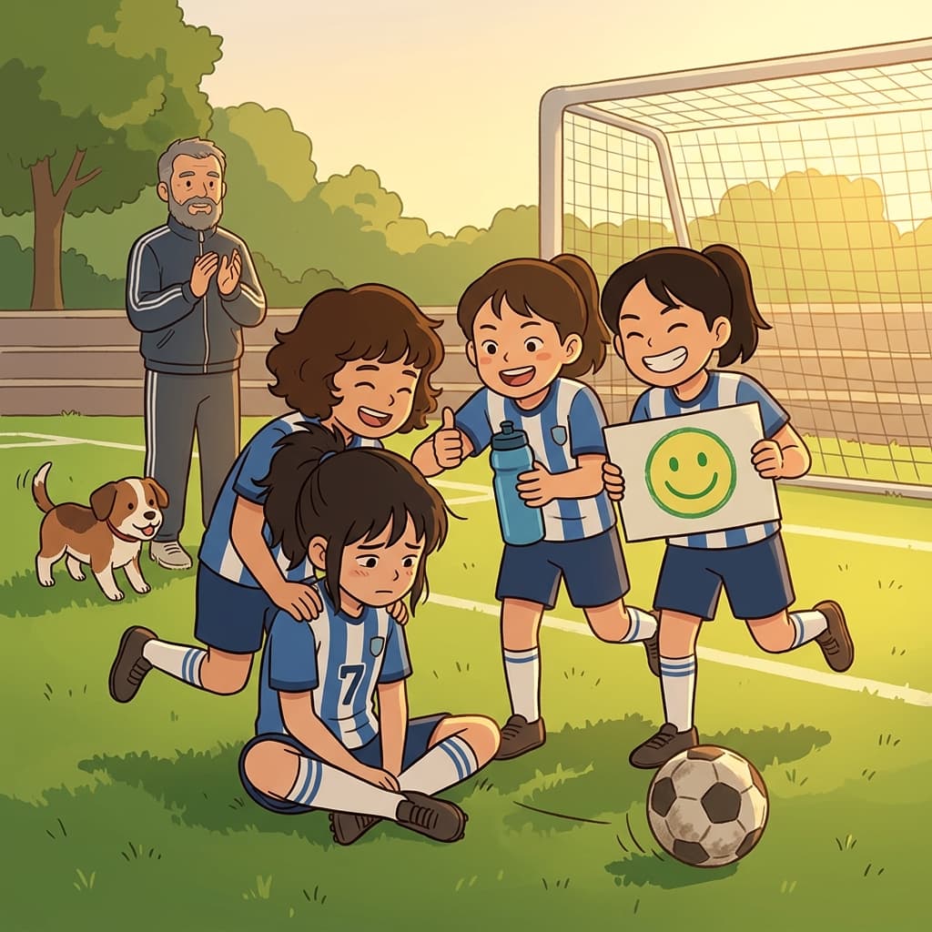 골을 놓친 친구를 다 같이 응원해주는 따뜻한 순간.