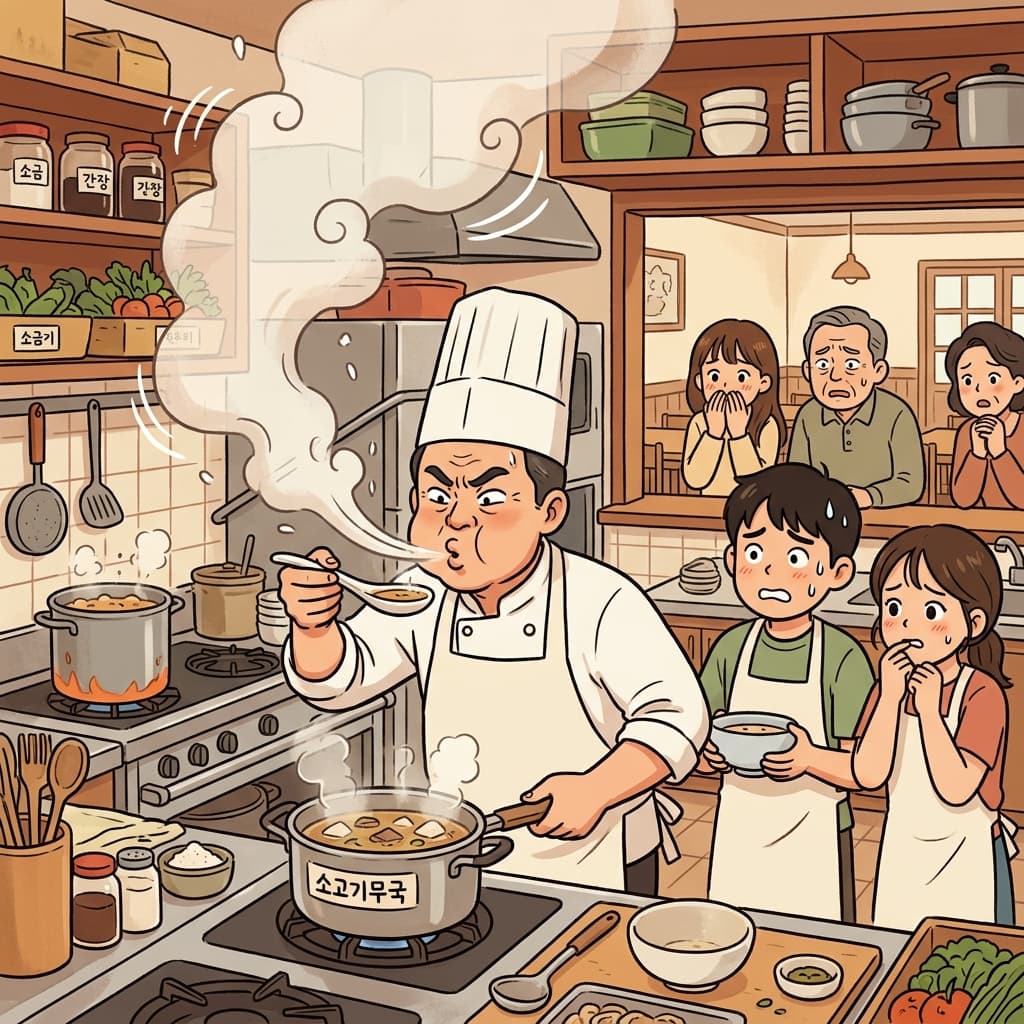 그 요리사는 모두가 음식을 좋아하자 뿌듯하게 웃었다. (셰프 → “쉐~ 하고 불어가며 맛 확인하는 느낌”)