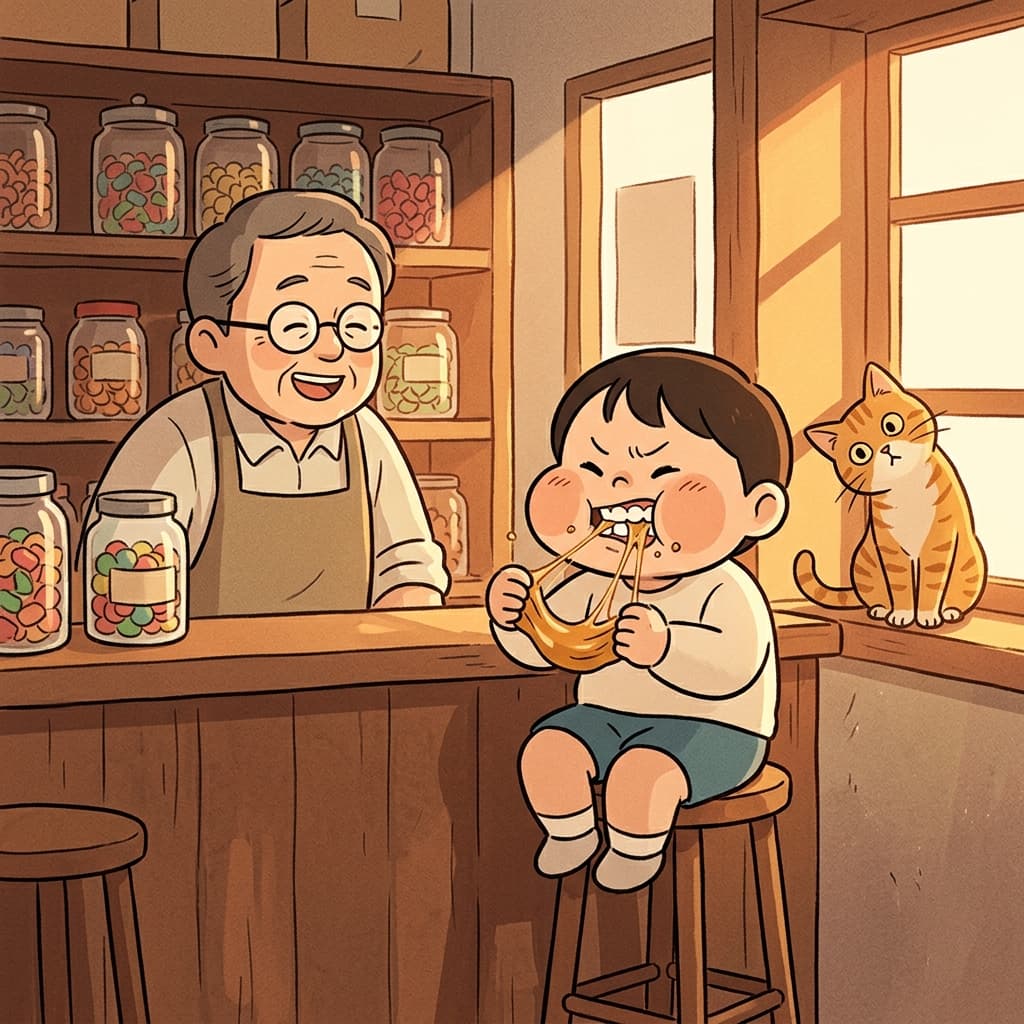 꼬마가 캔디샵에서 커다란 캐러멜을 신나게 씹고 있다.