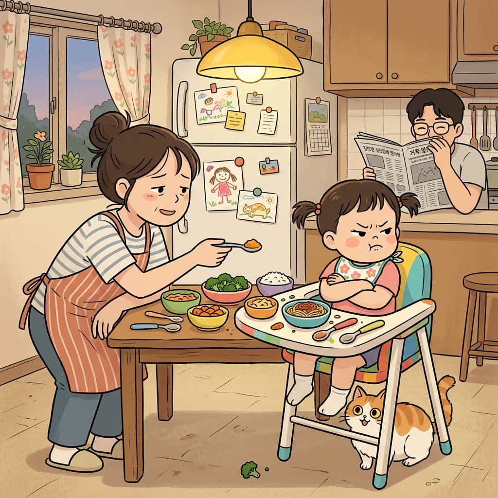이 아이는 어찌나 까다로운지 엄마가 내미는 숟가락마다 거부한다.