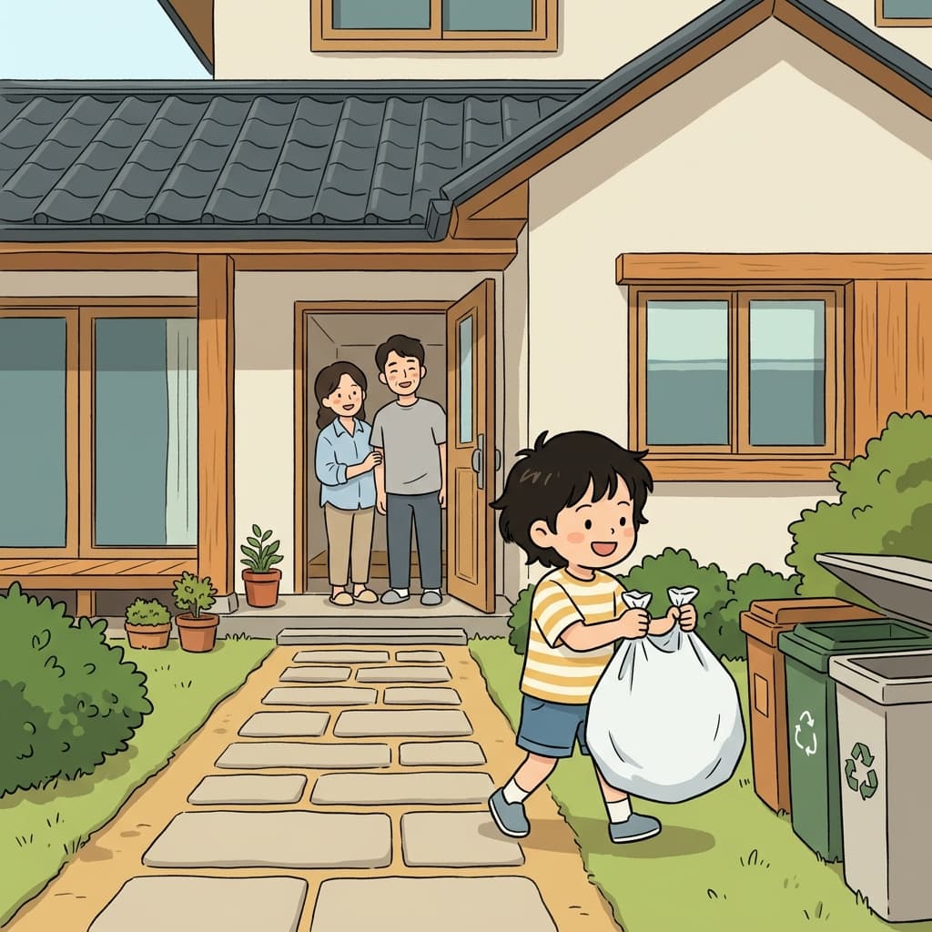 그의 첫 번째 집안일은 쓰레기를 버리는 것이었다. ("치워!" → 치우는 집안일)