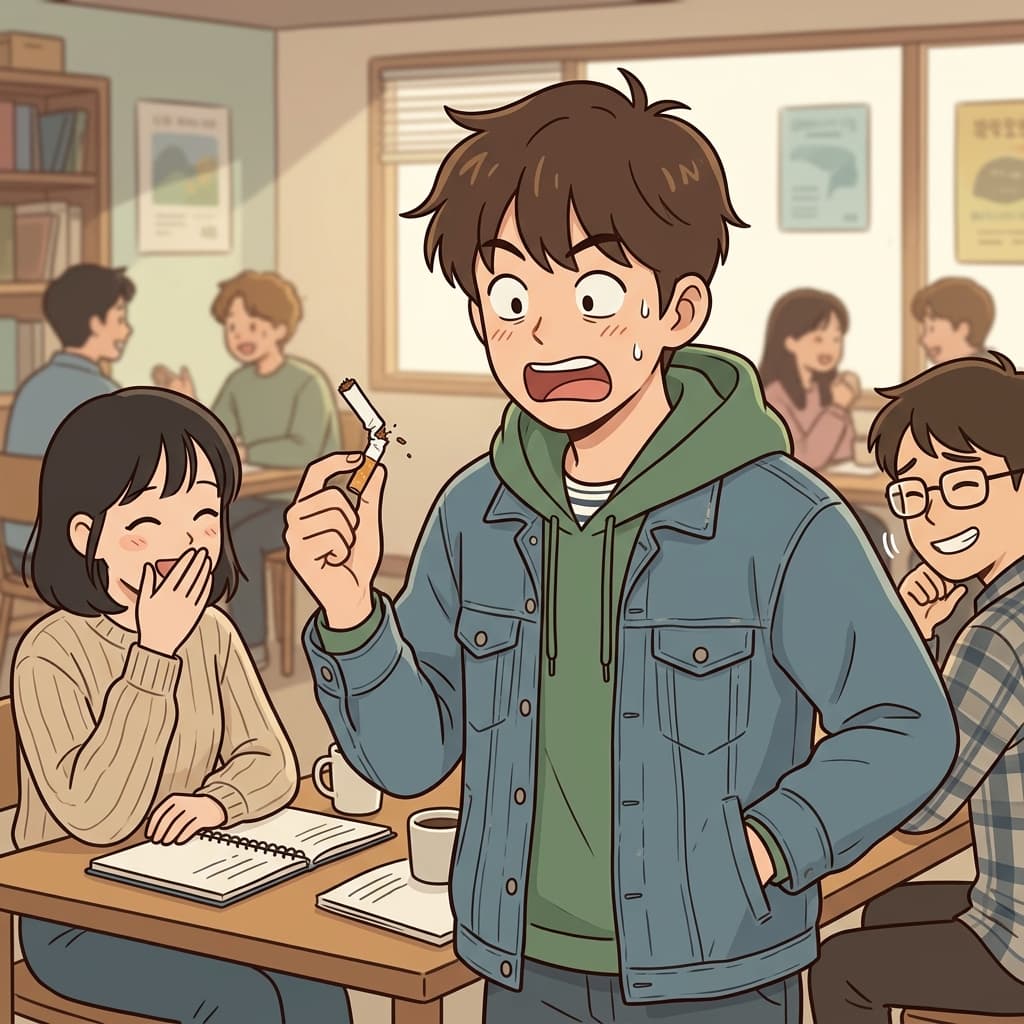 그는 실수로 주머니 속 담배를 구겨버렸다.