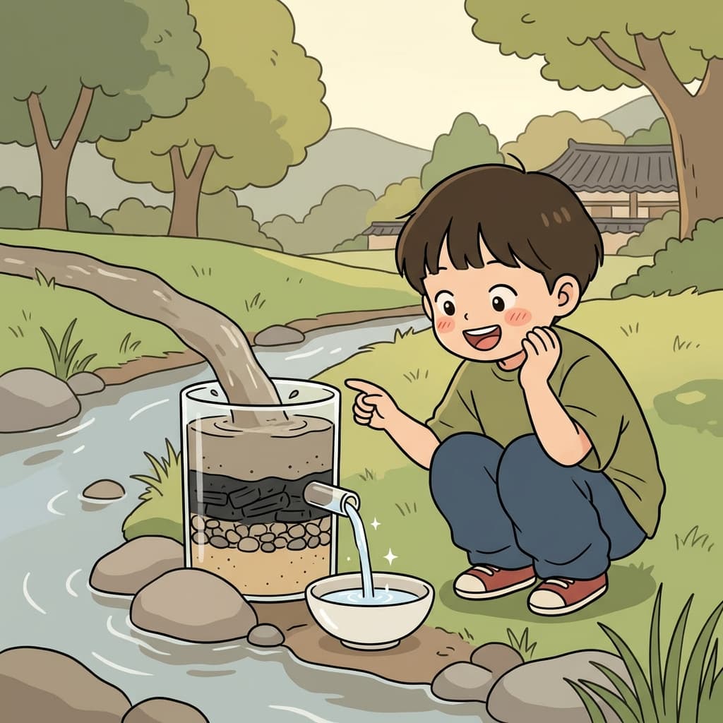 필터의 정화 과정으로 흙탕물이 맑고 깨끗해졌다. ("클리어(Clear)! 이제 맑아졌네!")