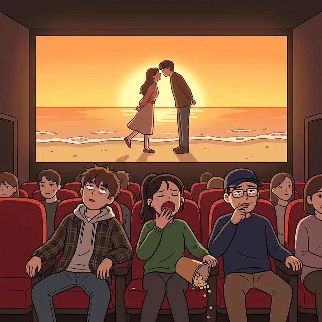 또 그 뻔한 해변 키스 장면, 영화관 관객들이 다 같이 한숨 쉰다.
