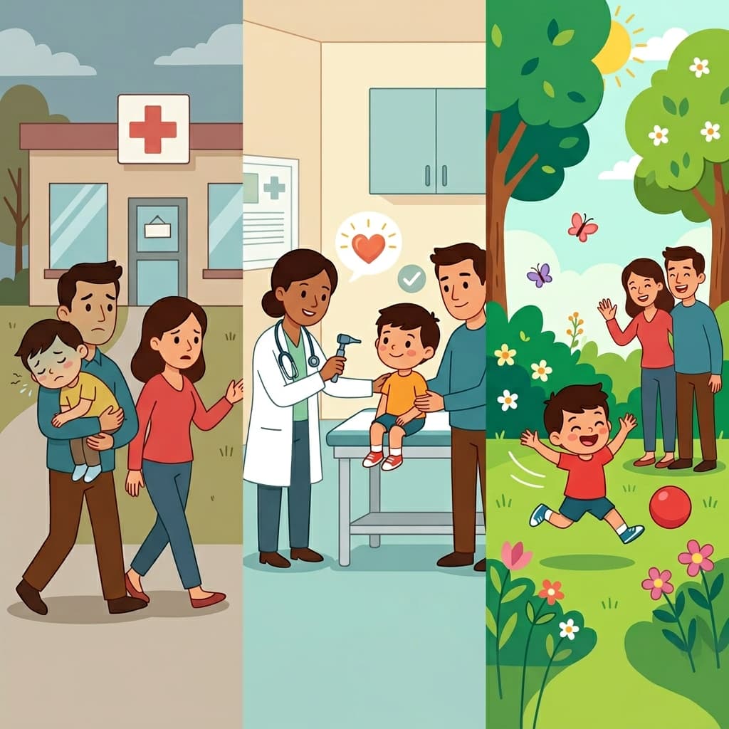 그 가족은 병원을 방문했고 의사의 치료 덕분에 도움을 받았다.