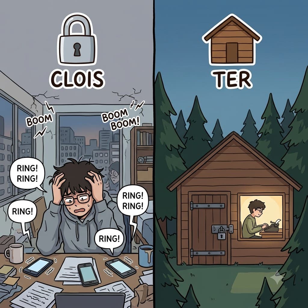 CLOIS(닫다) + TER(장소) — 숲속의 완벽하게 닫힌(CLOIS) 장소(TER)로 이사하며, 작가는 책을 끝내기 위해 스스로를 은둔시키기로(cloister) 선택했다.