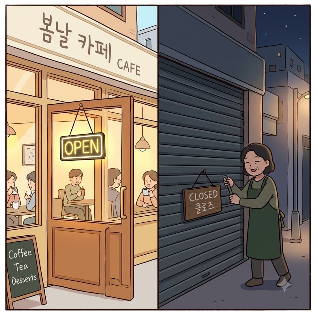 "이제 가게 클로즈(close)할 시간입니다!" 사장님은 밤 영업을 닫기(close) 위해 금속 셔터를 내렸다.