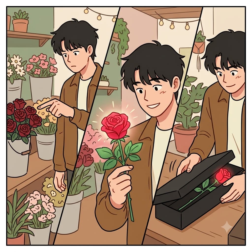 그가 완벽한 붉은 장미(rose)를 선택한(chose) 후, 그는 조심스럽게 선물 상자를 닫기(close) 시작했다.