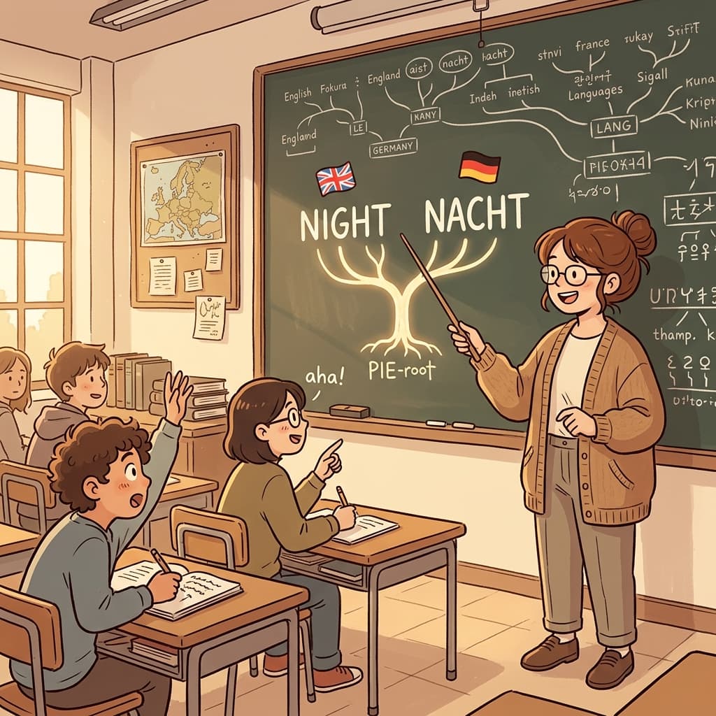 영어 'night'랑 독일어 'Nacht'는 뿌리가 같은 단어야.
