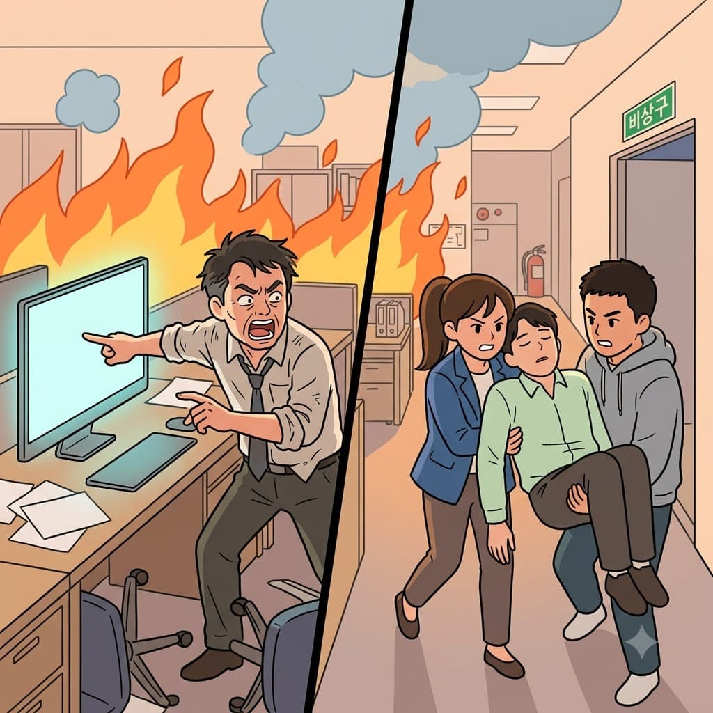 "비싼 컴(com)퓨터 먼(mon)저 뺄(val) 유(ues)?" 동료들은 대신 사람을 구하기로 동의하며 그들의 명확한 공통의 가치관(common values)을 보여주었다.